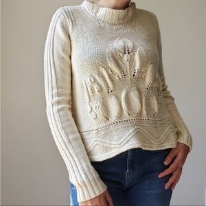 Rosie Neira Anthropologie Cream Cloud Leaf Cable Knit Wool Sweater